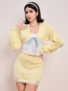 Sweetness Autumn/Winter Sweet Pastel Yellow Cropped Cardigan & Bow Skirt 2 Pieces Knit Set For Women - Pale Yellow - View 5