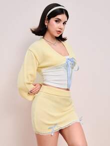 Sweetness Autumn/Winter Sweet Pastel Yellow Cropped Cardigan & Bow Skirt 2 Pieces Knit Set For Women - Pale Yellow - View 4