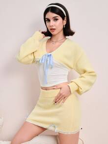 Sweetness Autumn/Winter Sweet Pastel Yellow Cropped Cardigan & Bow Skirt 2 Pieces Knit Set For Women - Pale Yellow - View 1