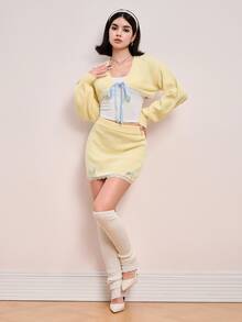 Sweetness Autumn/Winter Sweet Pastel Yellow Cropped Cardigan & Bow Skirt 2 Pieces Knit Set For Women - Pale Yellow - View 2
