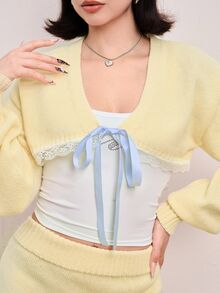 Sweetness Autumn/Winter Sweet Pastel Yellow Cropped Cardigan & Bow Skirt 2 Pieces Knit Set For Women - Pale Yellow - View 7
