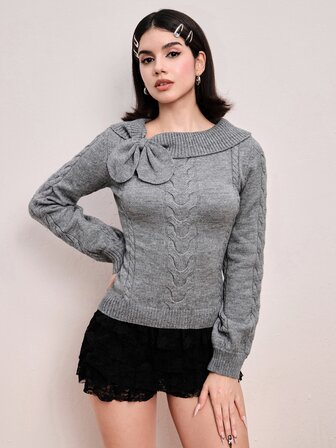 Sweetness Top in maglia da donna per autunno/inverno, maniche a lanterna con fiocco, casual e carino