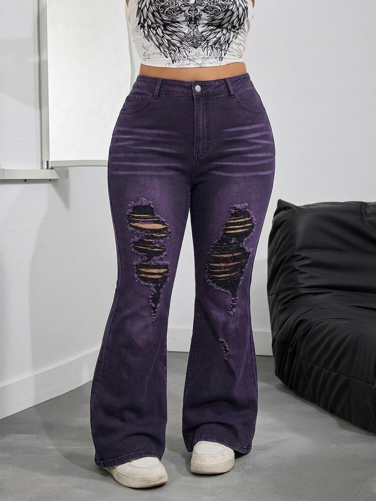Flirla Celana Jeans Flare Sobek untuk Wanita Ukuran Besar, Gaya Streetwear 90-an, Mode Jalanan, Pakaian Sehari-hari, Perjalanan, Kencan, Makan Malam, Brunch, Warna Ungu Tua, Musim Panas - Purple - View 3