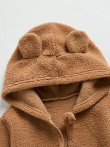 SHEIN 女童秋冬保暖毛絨拉鍊開襟外套夾克，舒適毛絨加厚，附可愛耳朵造型連帽（聖誕/萬聖節） - 摩卡棕 - 查看 5