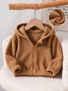 SHEIN 女童秋冬保暖毛絨拉鍊開襟外套夾克，舒適毛絨加厚，附可愛耳朵造型連帽（聖誕/萬聖節） - 摩卡棕 - 查看 3
