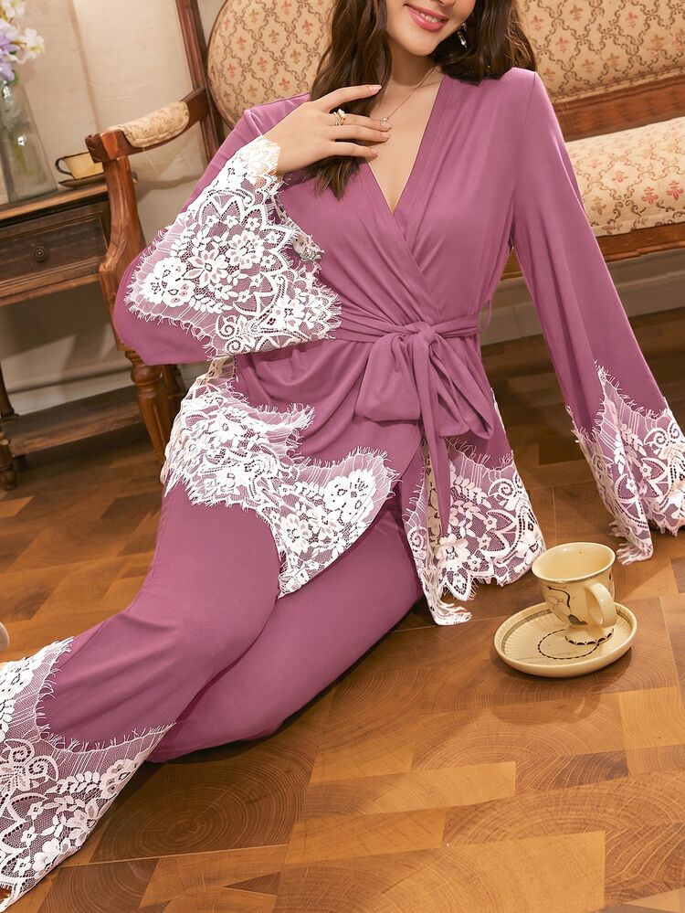 Côtesoire Set Piyama Wanita Renda Kontras Warna Elegan dari Prancis Selatan - Purple - View 6