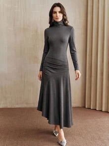 Anewsta Essential Autumn/Winter Elegant Commuter Knit High Neck Asymmetrical Dark Gray Dress - Grey - View 7