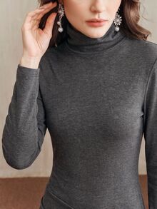 Anewsta Essential Autumn/Winter Elegant Commuter Knit High Neck Asymmetrical Dark Gray Dress - Grey - View 8