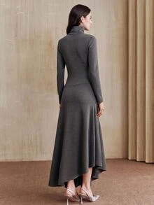 Anewsta Essential Autumn/Winter Elegant Commuter Knit High Neck Asymmetrical Dark Gray Dress - Grey - View 5