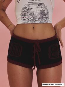MUSERA Black Knit Printed '08' Drawstring Micro Short Autumn Holiday Ibiza Festival Lotus Club Sexy - Black - View 1