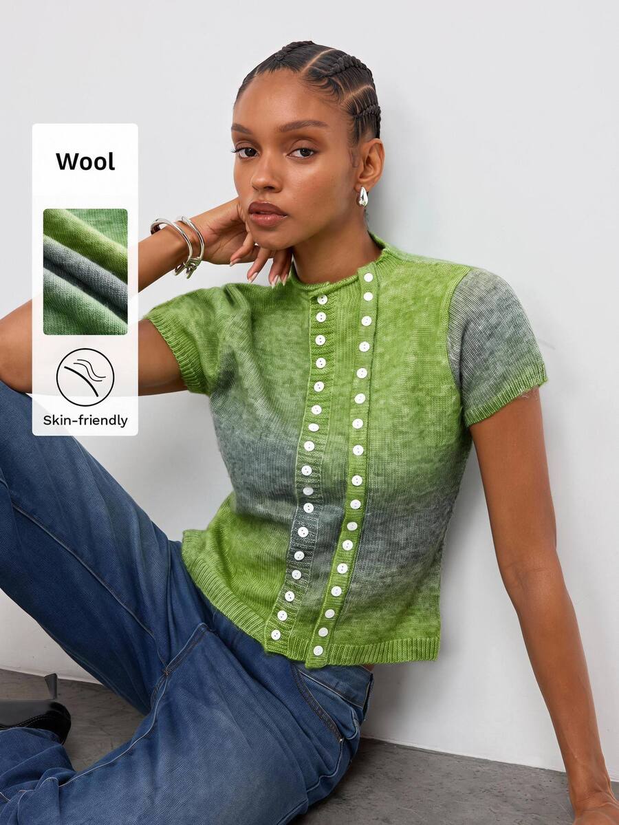 Maija Light Green Women's Gradient Knit Cardigan, Short Sleeve, Double ...