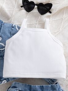 SHEIN 3件組女嬰牛仔套裝 長袖牛仔外套搭配裙子 & 白色細肩帶上衣 - 藍色 - 查看 4