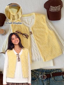 Comfortcana Women's Solid Color Open Front Casual Plush Vest - Yellow - View 1