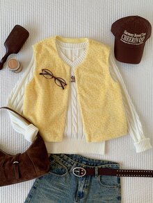 Comfortcana Women's Solid Color Open Front Casual Plush Vest - Yellow - View 4