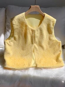 Comfortcana Women's Solid Color Open Front Casual Plush Vest - Yellow - View 3