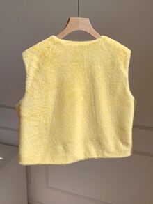 Comfortcana Women's Solid Color Open Front Casual Plush Vest - Yellow - View 2