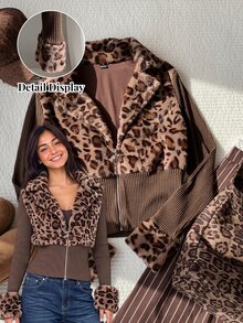 Comfortcana Women's Autumn Leopard Print Patchwork Waist-Cinching Regular Jacket Everyday Going Out Brown Casual - Brown - View 2