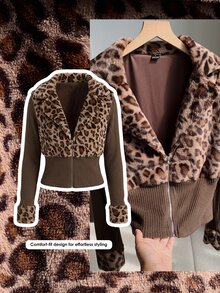 Comfortcana Women's Autumn Leopard Print Patchwork Waist-Cinching Regular Jacket Everyday Going Out Brown Casual - Brown - View 10