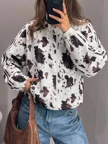 Comfortcana Autumn And Winter Women's Splashed Milk Pattern Stand Up Collar Jacket Long Sleeve Zipper Windbreake Road Trip Travel White Streetwear Cowgirl - White - View 10