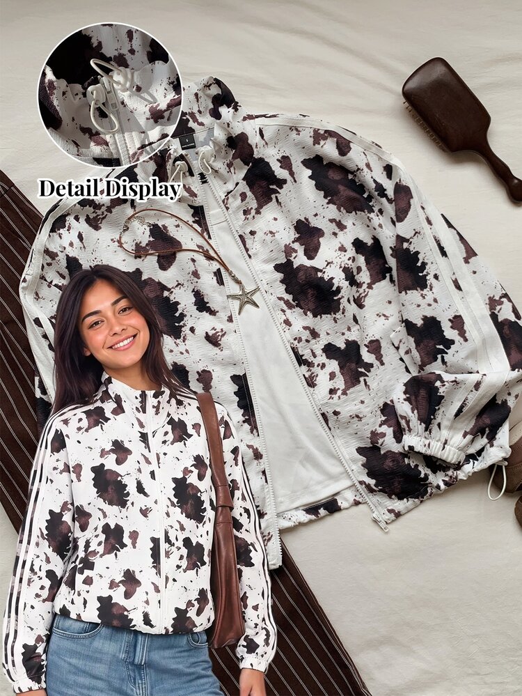 Comfortcana Autumn And Winter Women's Splashed Milk Pattern Stand Up Collar Jacket Long Sleeve Zipper Windbreake Road Trip Travel White Streetwear Cowgirl - White - View 1