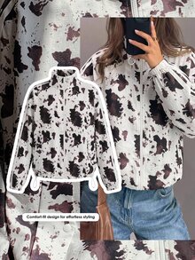 Comfortcana Autumn And Winter Women's Splashed Milk Pattern Stand Up Collar Jacket Long Sleeve Zipper Windbreake Road Trip Travel White Streetwear Cowgirl - White - View 11