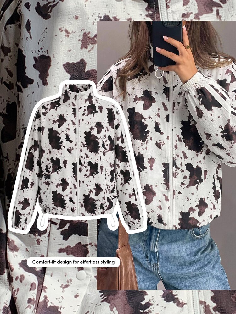 Comfortcana Autumn And Winter Women's Splashed Milk Pattern Stand Up Collar Jacket Long Sleeve Zipper Windbreake Road Trip Travel White Streetwear Cowgirl - White - View 10