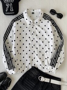 Comfortcana Women's Casual Polka Dot Print Contrast Color Striped Jacket, Autumn - Black and White - View 6