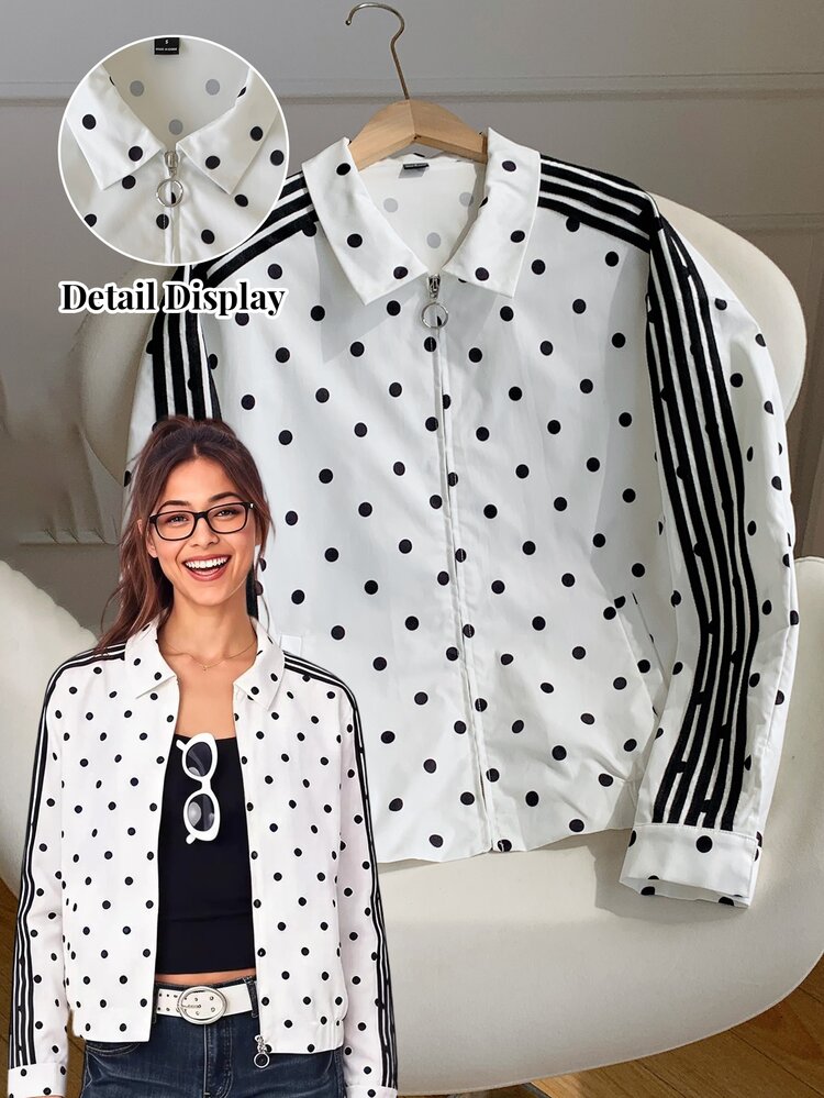 Comfortcana Women's Casual Polka Dot Print Contrast Color Striped Jacket, Autumn - Black and White - View 1
