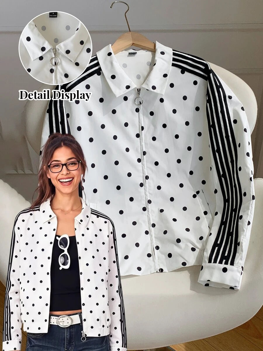 Comfortcana Women's Casual Polka Dot Print Contrast Color Striped Jacket, Autumn