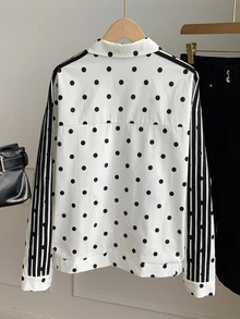 Comfortcana Women's Casual Polka Dot Print Contrast Color Striped Jacket, Autumn - Black and White - View 3