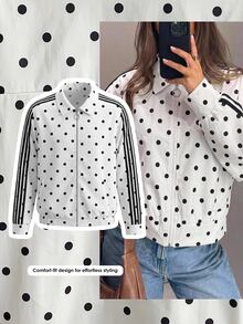 Comfortcana Women's Casual Polka Dot Print Contrast Color Striped Jacket, Autumn - Black and White - View 11