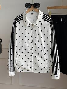 Comfortcana Women's Casual Polka Dot Print Contrast Color Striped Jacket, Autumn - Black and White - View 10