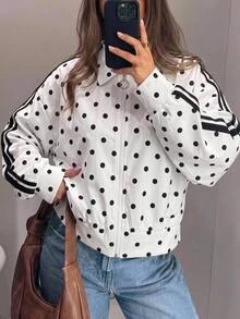 Comfortcana Women's Casual Polka Dot Print Contrast Color Striped Jacket, Autumn - Black and White - View 4