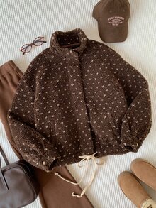 Comfortcana 女款全印花長袖拉鍊休閒復古可愛夾克，秋冬/學校教師深棕色 - 棕色 - 查看 9