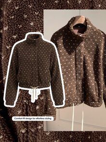 Comfortcana 女款全印花長袖拉鍊休閒復古可愛夾克，秋冬/學校教師深棕色 - 棕色 - 查看 10