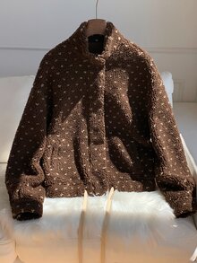 Comfortcana 女款全印花長袖拉鍊休閒復古可愛夾克，秋冬/學校教師深棕色 - 棕色 - 查看 6