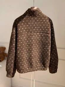 Comfortcana 女款全印花長袖拉鍊休閒復古可愛夾克，秋冬/學校教師深棕色 - 棕色 - 查看 2