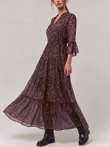 Freevana Women's Vintage Boho Romantic Bohemian Ditsy Floral Dress Vacation Pink Floral Floral Autumn - Multicolor - View 1