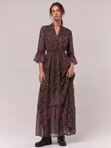 Freevana Women's Vintage Boho Romantic Bohemian Ditsy Floral Dress Vacation Pink Floral Floral Autumn - Multicolor - View 5