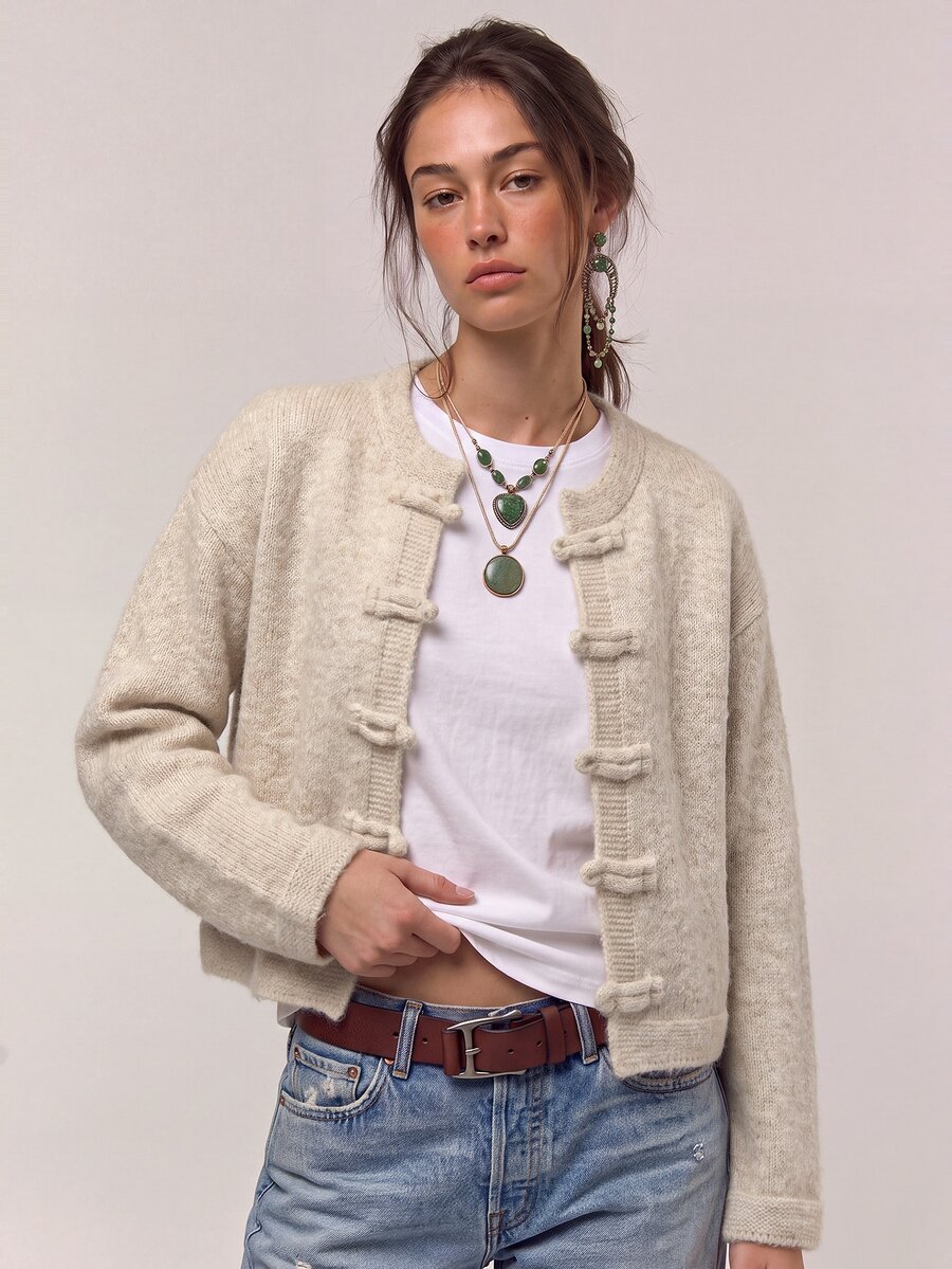 Freevana Women's New Chinese Style Round Neck Long Sleeve Casual Knit Cardigan - Apricot - View 1