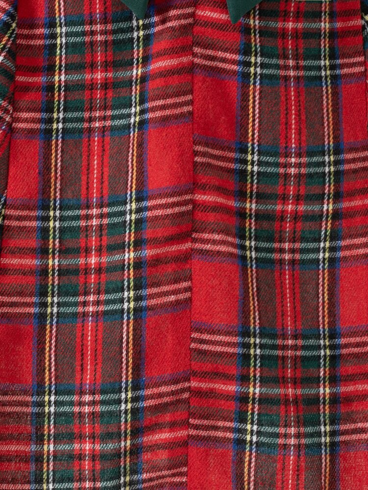 Girls' 1pc Spring/Autumn New BialaSuknia Beach Weekend Birthday Outfit Square Neck Long Sleeve Plaid Fabric Back Small V Design 3D Detachable Green Large Bow Large Hem Sides Ruched Simple Versatile Holiday Dress - Red - View 6
