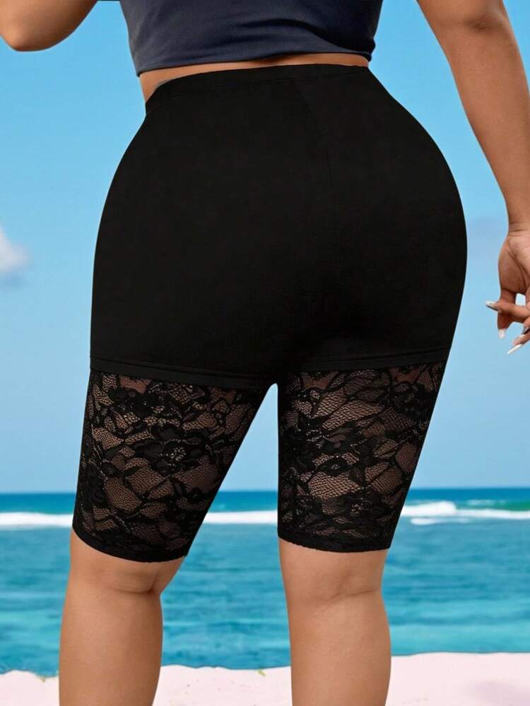 SHEIN LUNE CURVE Plus Size Versatile Contrast Lace Leggings - Black - View 2
