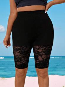 SHEIN LUNE CURVE Leggings de encaje de contraste versátiles de talla grande - Negro - Ver 5