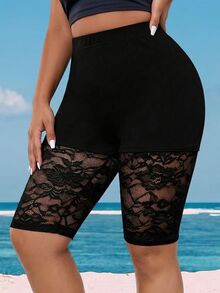 SHEIN LUNE CURVE Leggings de encaje de contraste versátiles de talla grande - Negro - Ver 1