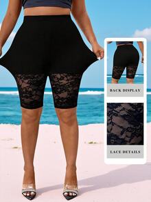 SHEIN LUNE CURVE Leggings de encaje de contraste versátiles de talla grande - Negro - Ver 4