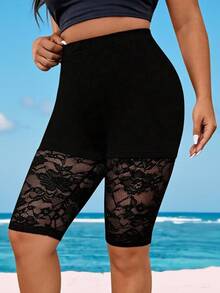 SHEIN LUNE CURVE Leggings de encaje de contraste versátiles de talla grande - Negro - Ver 6