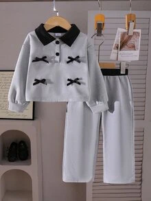SHEIN Playful Pals 2件組少女波羅上衣寬腿長褲套裝，學院風優雅灰黑配色，蝴蝶結對比鈕扣長袖翻領，適合學校、秋季假期 - 灰色 - 查看 3