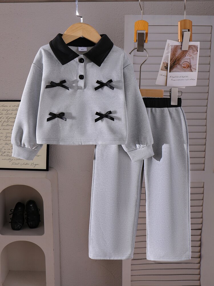 SHEIN Playful Pals 2pcs Young Girl Polo Top Wide Leg Pants Preppy Elegant Grey Black Bow Contrast Buttoned Long Sleeve Turn- Regular School Fall Holiday Academy - Grey - View 3