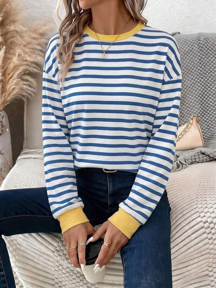 SHEIN LUNE Women's Long Sleeve T-Shirt, Blue And White Striped Contrast Collar And Cuffs, Casual Minimalist Daily Versatile All-Match, Date And Outing Outfit, Autumn Outfit, Women's Commute Outfit, All-Match Top, Outing Outfit, Airport Outfit - Multicolor - View 3