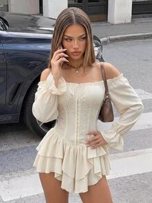 SHEIN ICON Women's Solid Color Off Shoulder Long Sleeve Frill Trim Fashionable Mini Dress - Apricot - View 1